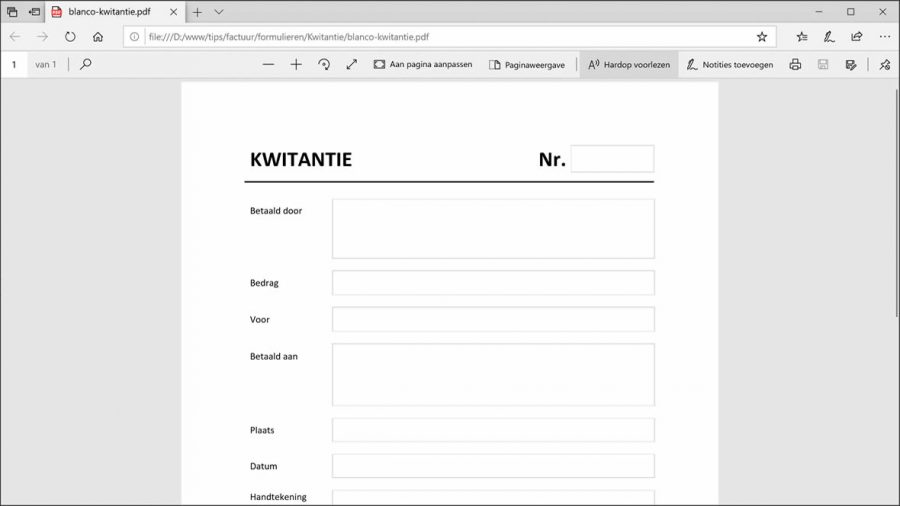 Kwitantie als betalingsbewijs in PDF formaat