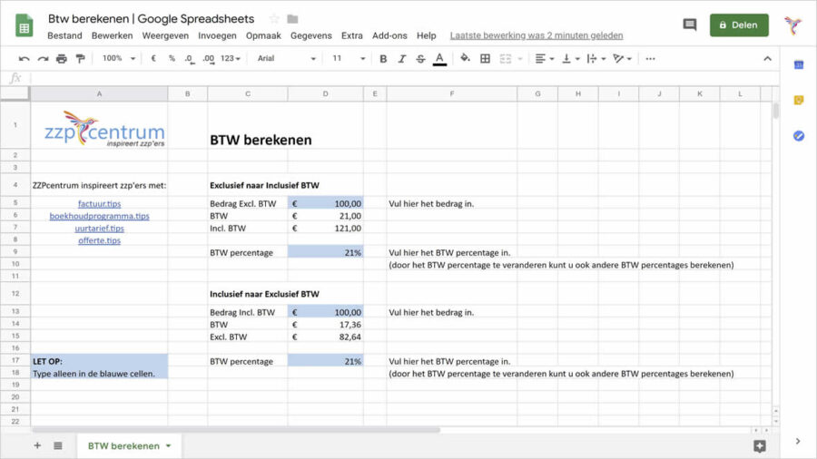 Google Spreadsheets btw template voor de btw berekening