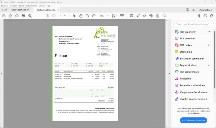 Google Docs pdf factuur