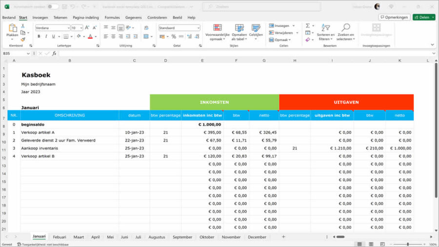 Kasboek voorbeeld Excel (gratis template)