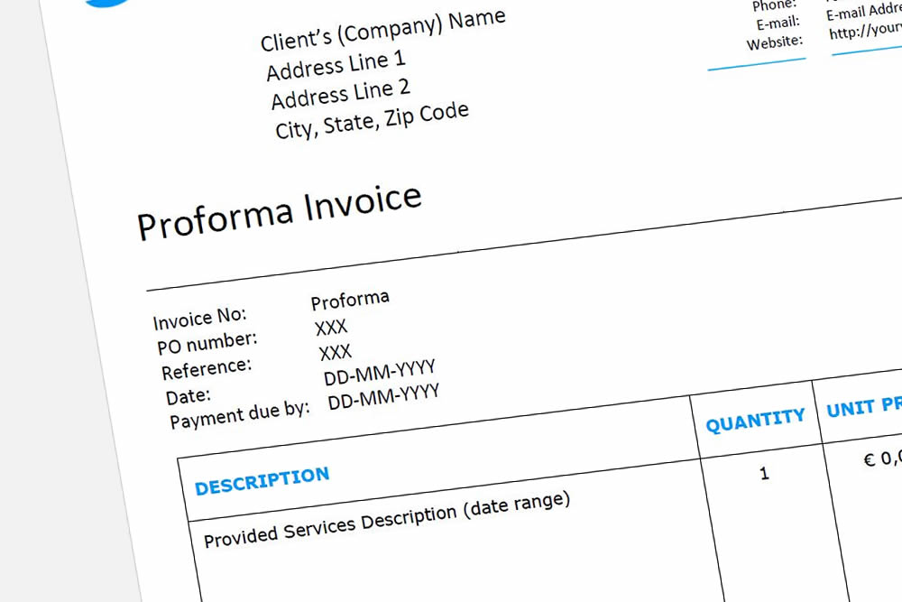 Proforma Invoice (in het Engels) voorbeeld