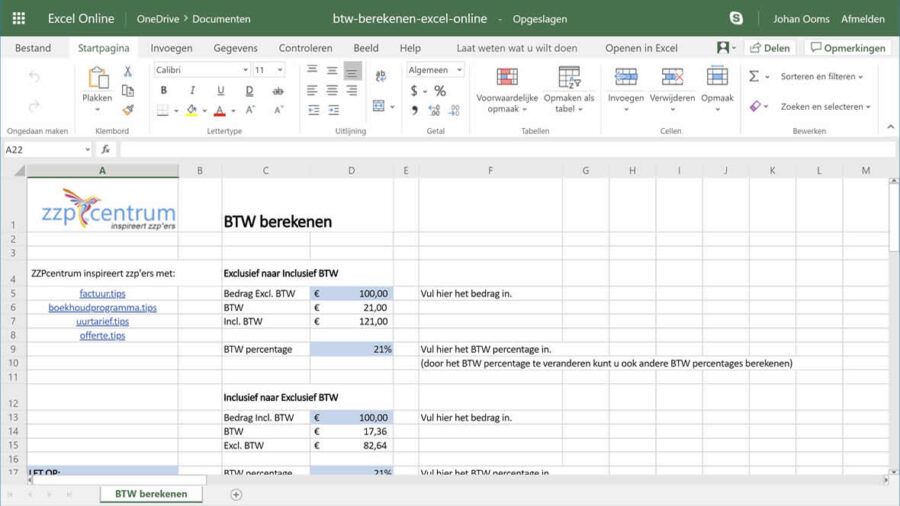 Gratis btw berekenen in Excel Online