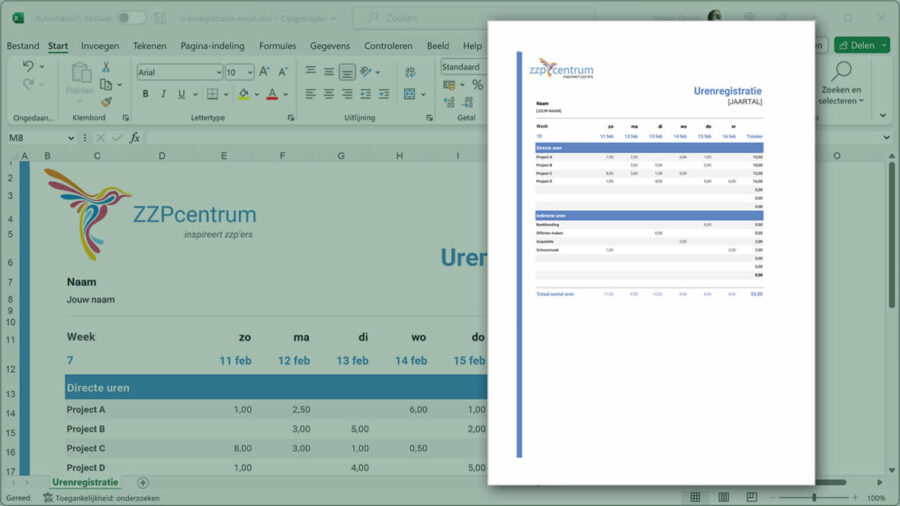 Wekelijkse urenstaat Excel voor zzp uren voorbeeld