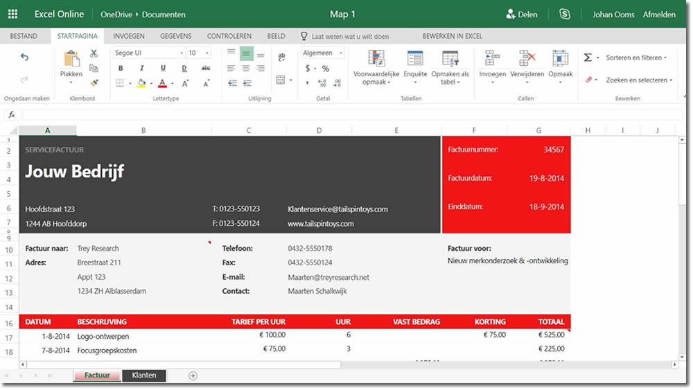 Kosteloos factuur maken in Excel Online
